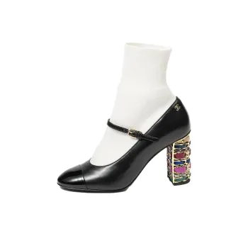 CHANEL Chunky Heel High Heels 9cm Women's Black White