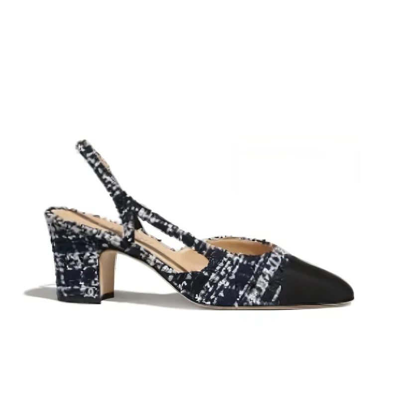 CHANEL Block Heel High Heels Women's Marine Blue-1