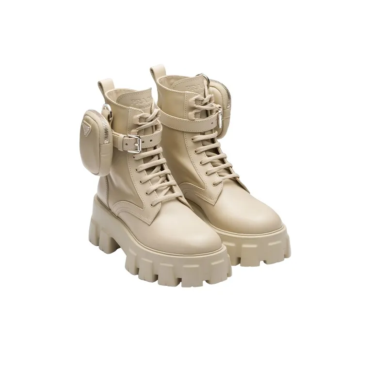 PRADA Monolith 55mm Pouch Ankle Boots Desert Beige Leather Women's-2