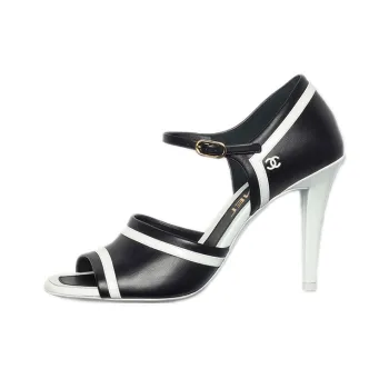 CHANEL Cone Heel High Heels 9.5cm Women's Black White