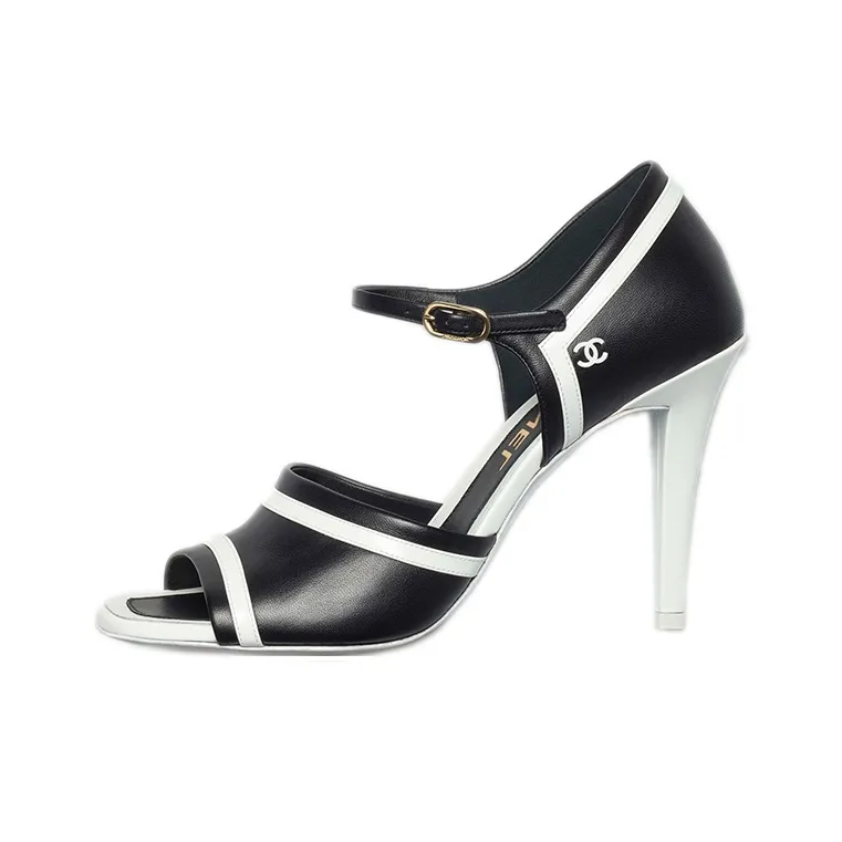 CHANEL Cone Heel High Heels 9.5cm Women's Black White-0