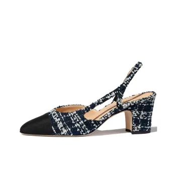 CHANEL Block Heel High Heels Women's Marine Blue