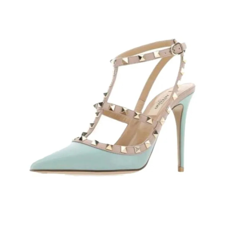 Valentino Rockstud Slim Heel High Heels Women's Green-3