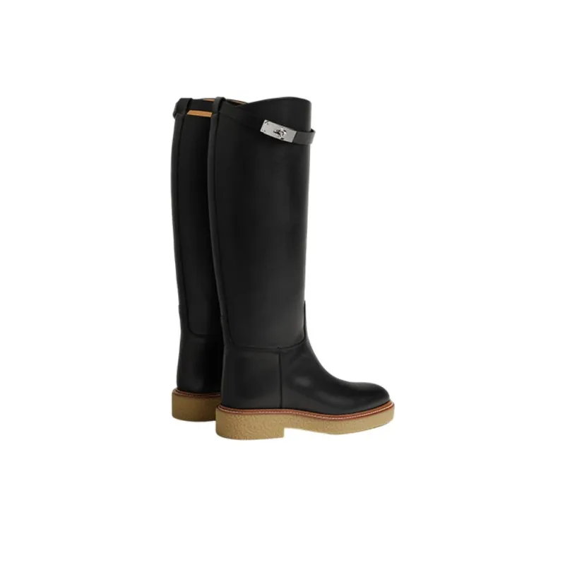 HERMES Honey Knee-high Boots Women's Black-4