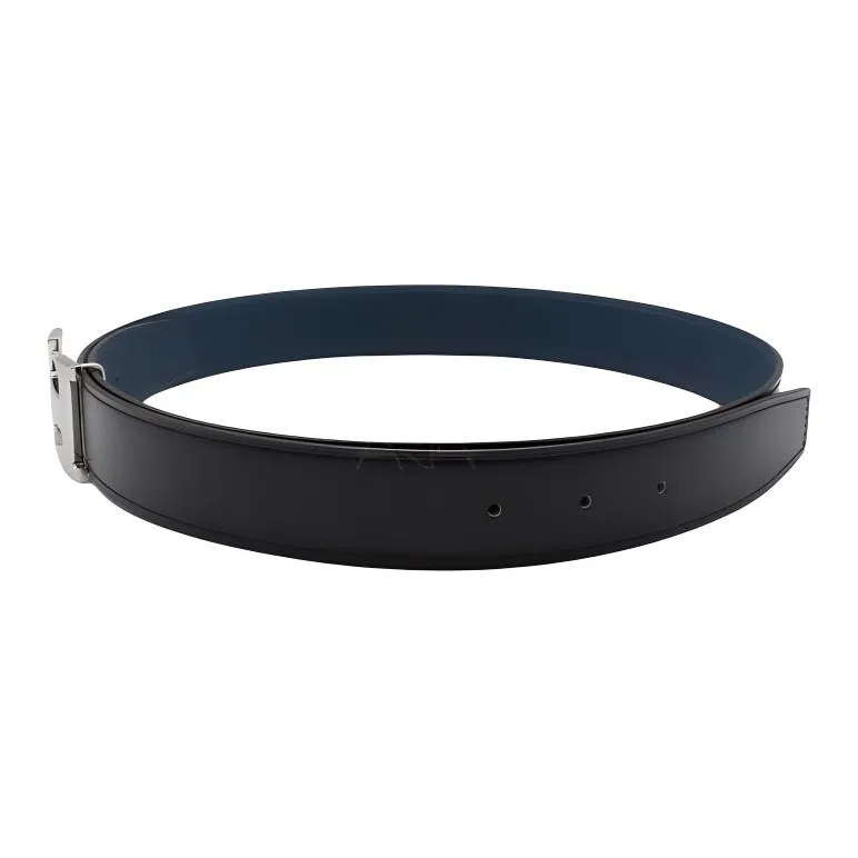 HERMES Brass Calfskin Leather Belts Men's Black/Blue Width  3.2CM-3