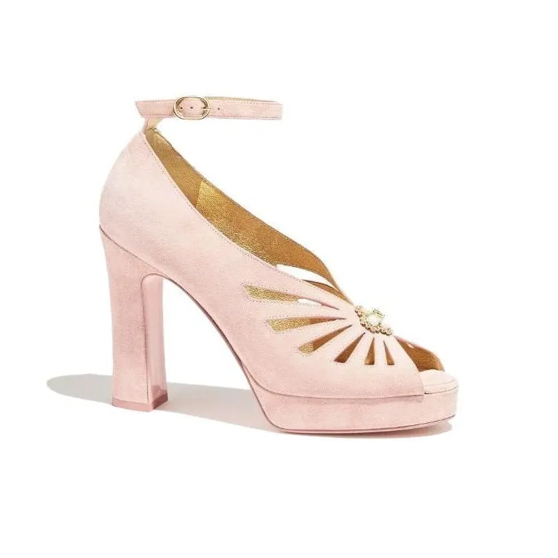 CHANEL Chunky Heel High Heels 11cm Women's Pink-1