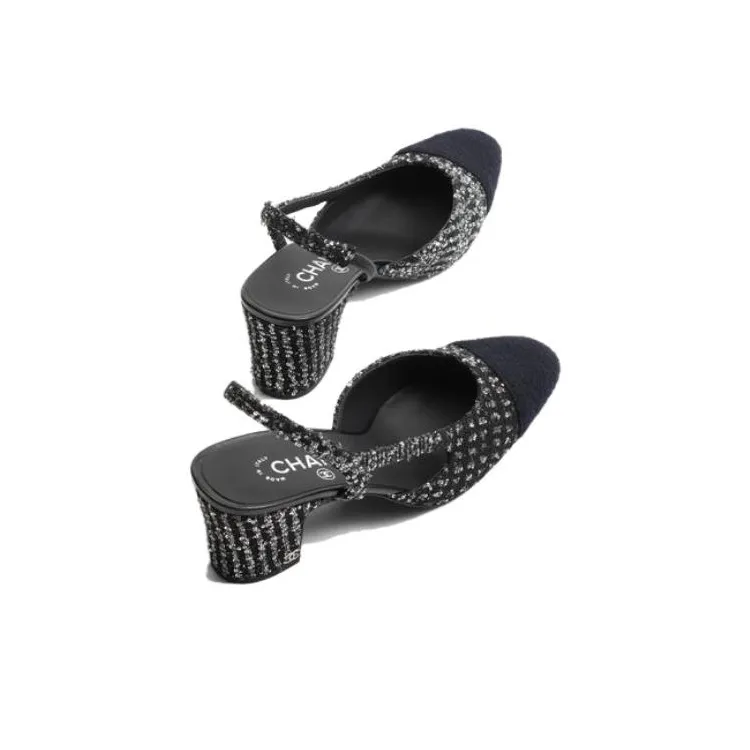 CHANEL Chunky Heel High Heels 6.5cm Women's Black White-3