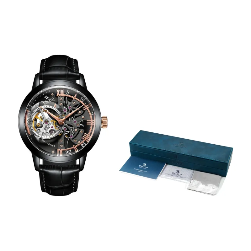 OBLVLO Automatic Mechanical Movement Genuine Leather Strap Watch Men's Watches Black Dial-3
