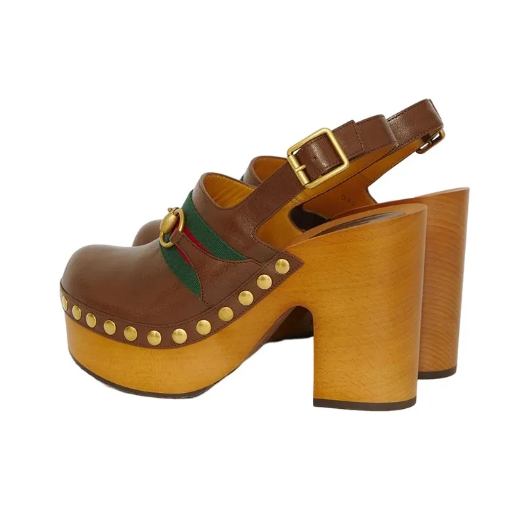 GUCCI Horsebit Chunky Heel High Heels Women's Brown-4