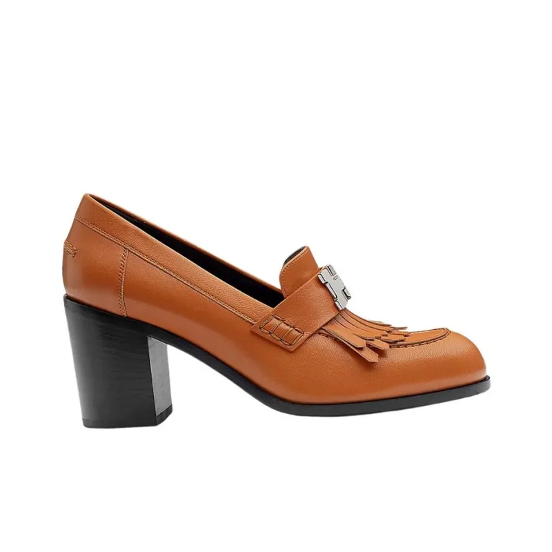 HERMES Chunky Heel High Heels 7cm Women's Brown-1