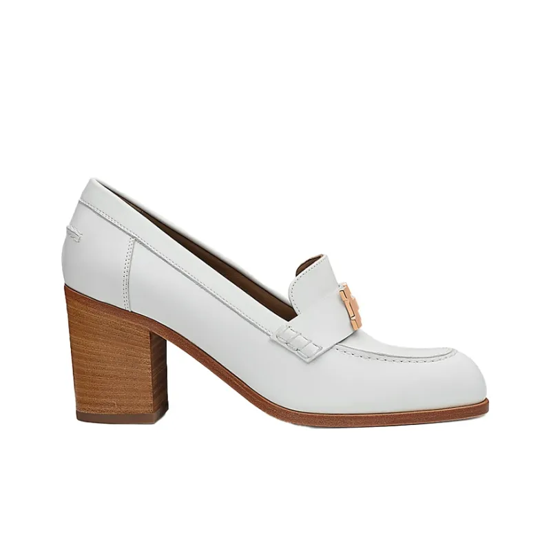 HERMES Dauphine Block Heel High Heels 7cm Women's White-1