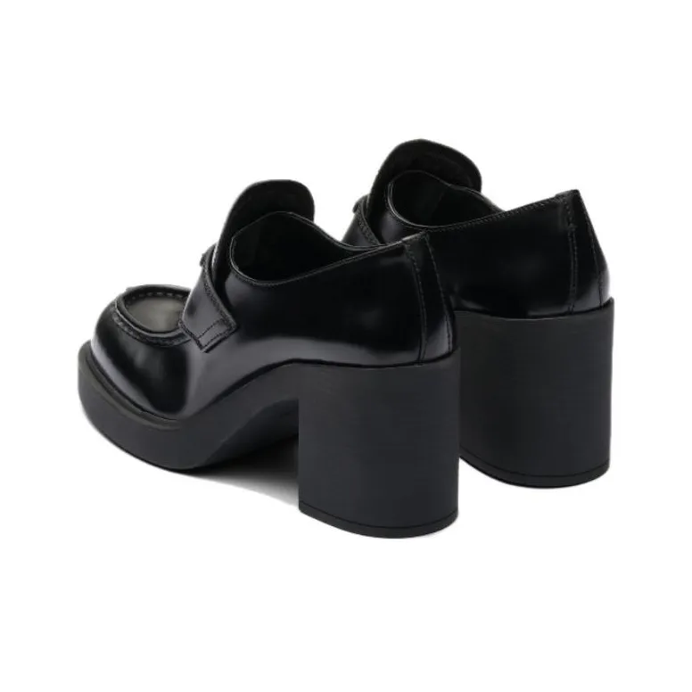 PRADA Chocolate High Heeled 85mm Loafers Black Brushed Leather Women's-5