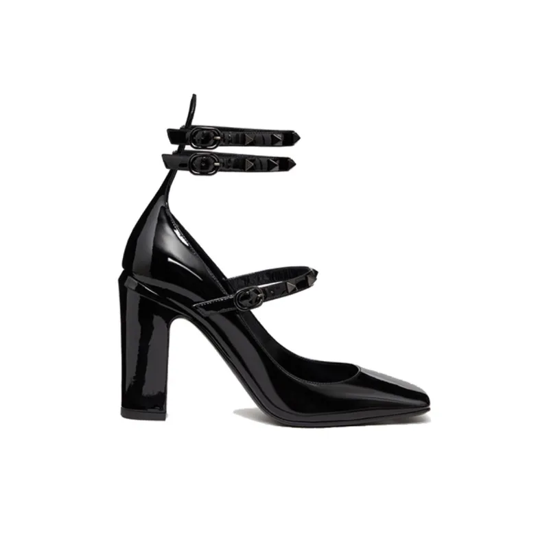 Valentino Tan Go Chunky Heel High Heels 10cm Women's Black-1