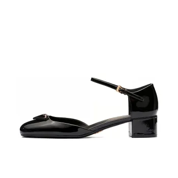 PRADA TRIANGOLO PADDED 35 MID HEEL PUMP ANKLE STRAP PATENT