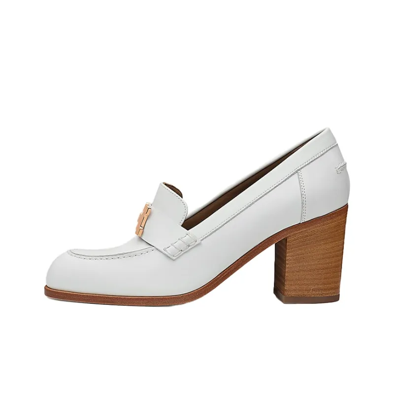 HERMES Dauphine Block Heel High Heels 7cm Women's White-0