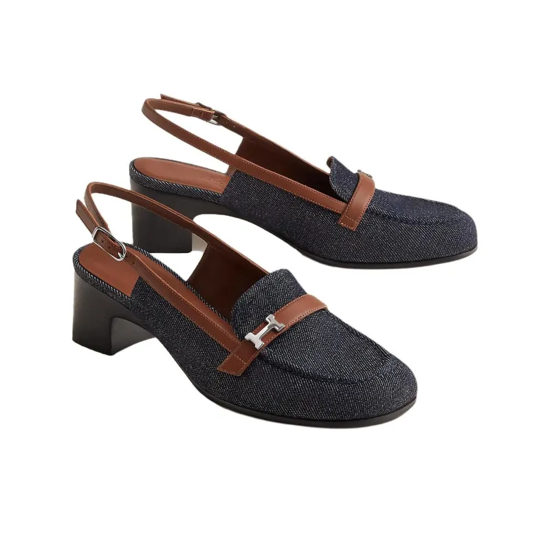 HERMES Infinie Chunky Heel High Heels 5cm Women's Blue-2