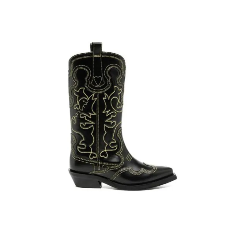 GANNI Contrast-stitch Leather Cowboy Boots-1