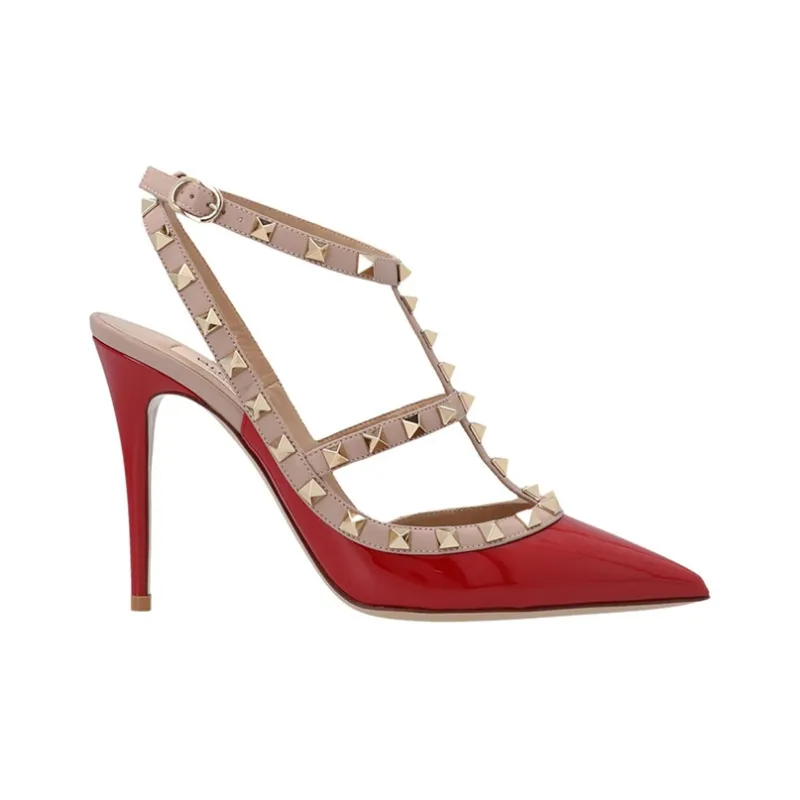 Valentino Rockstud Slim Heel High Heels Women's Red-1