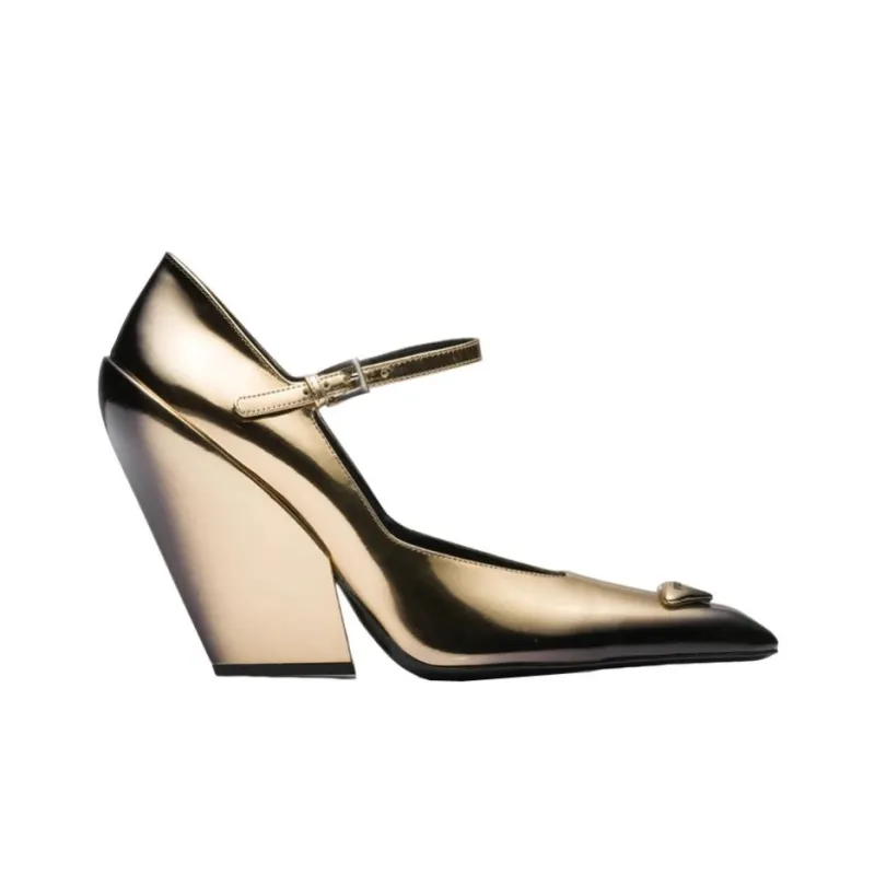 PRADA Chunky Heel High Heels Women's Gold-1