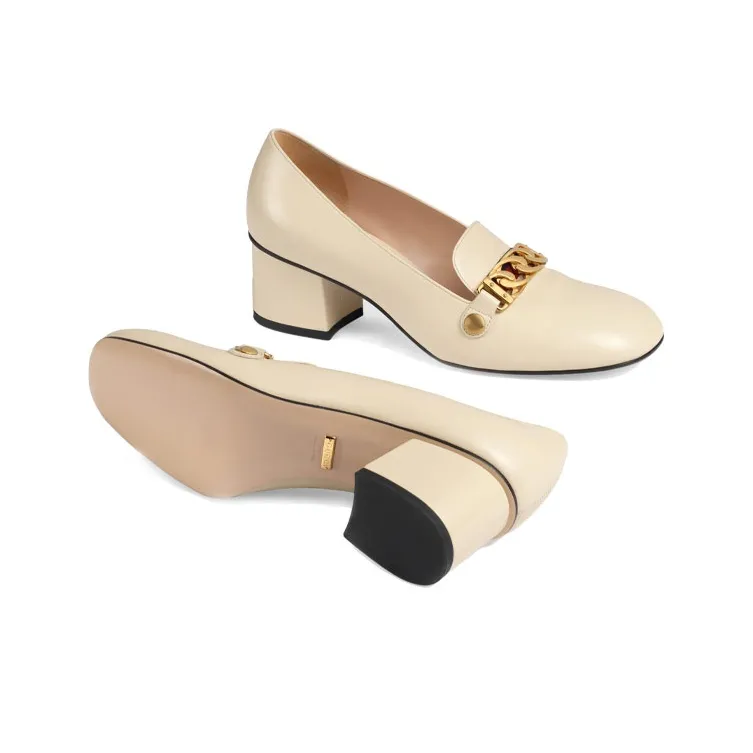 GUCCI Sylvie Block Heel High Heels Women's Beige-5
