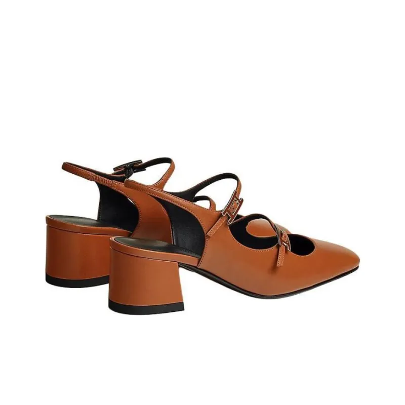 HERMES Jackie Chunky Heel High Heels 5cm Women's Brown-3