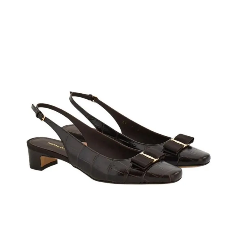 FERRAGAMO Vara Block Heel High Heels 3cm Women's Black-2