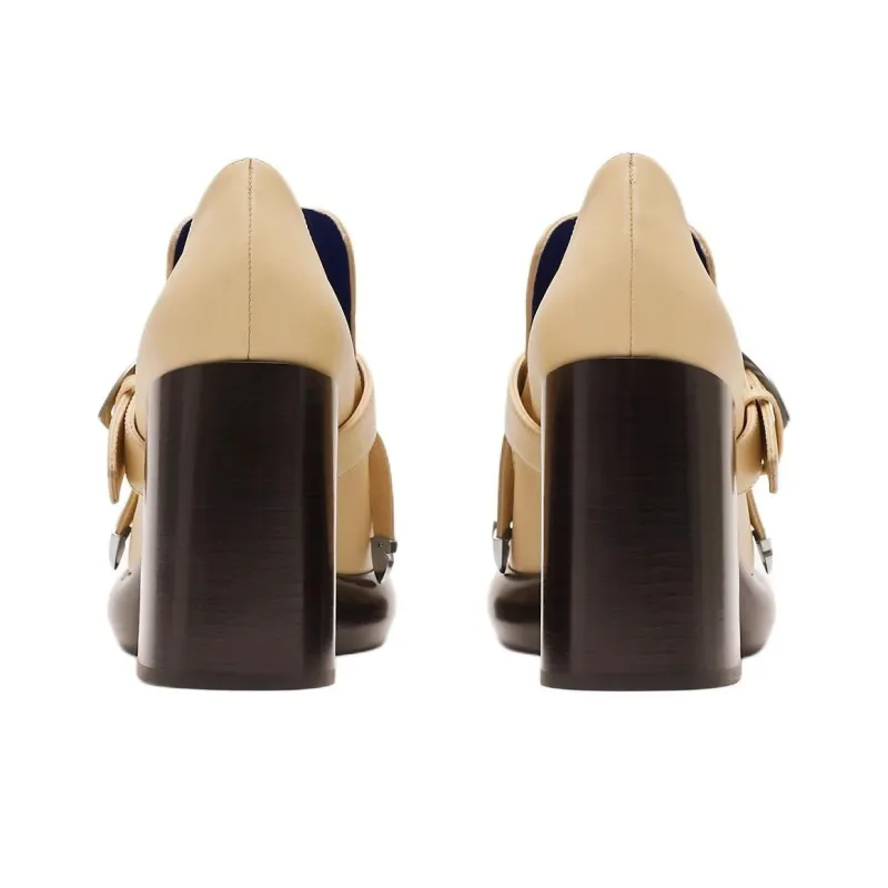 Burberry Wedge Chunky Heel High Heels 9.5cm Women's Beige-4