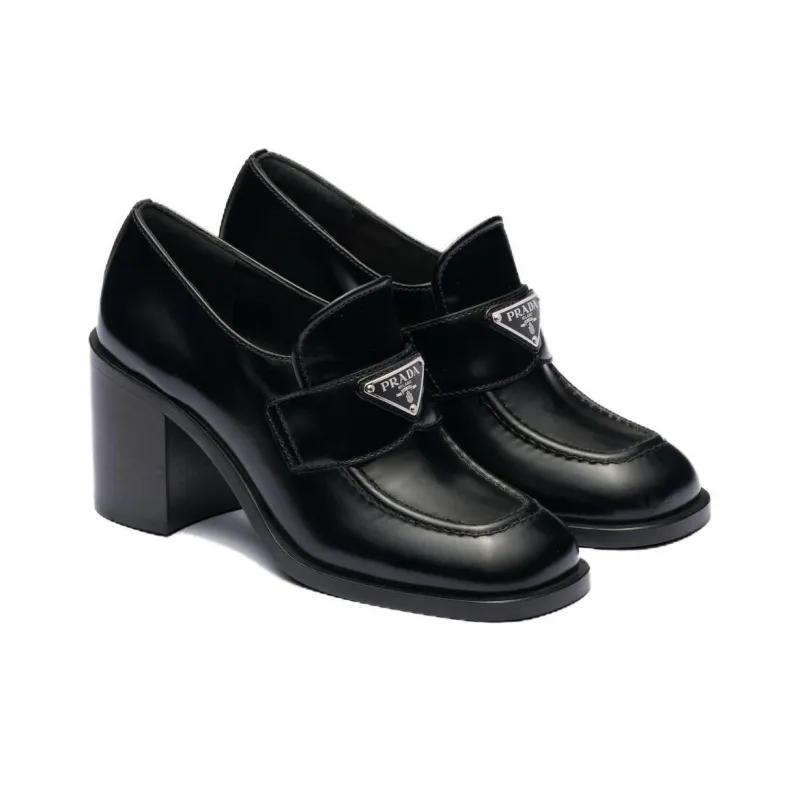 PRADA Brushed Leather High heel Loafers 'Black' Women's-3