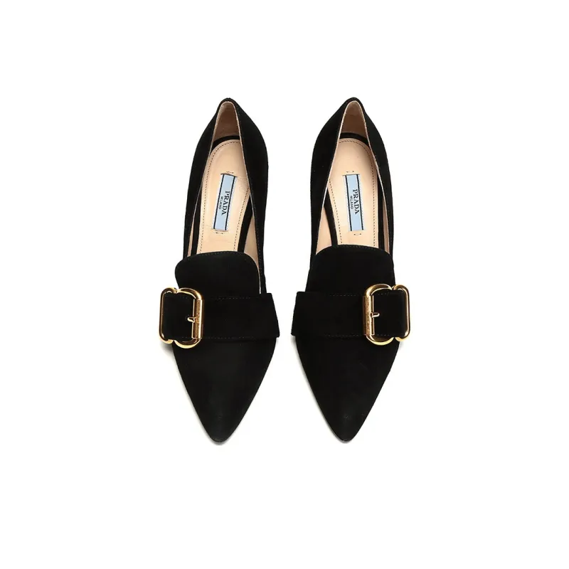 PRADA Fringed Buckle Suede Pointy Pumps 'Black' Women's-3