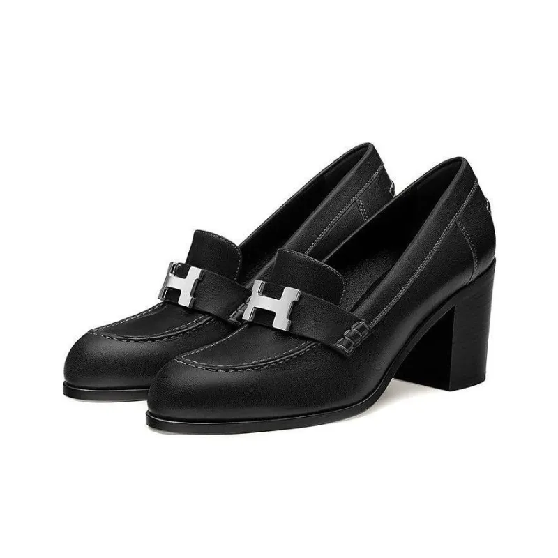 HERMES Dauphine 70 Chunky Heel High Heels Women's Black-2