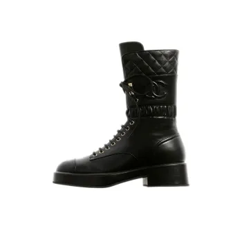 CHANEL Lace Ups Combat Boot Black Leather