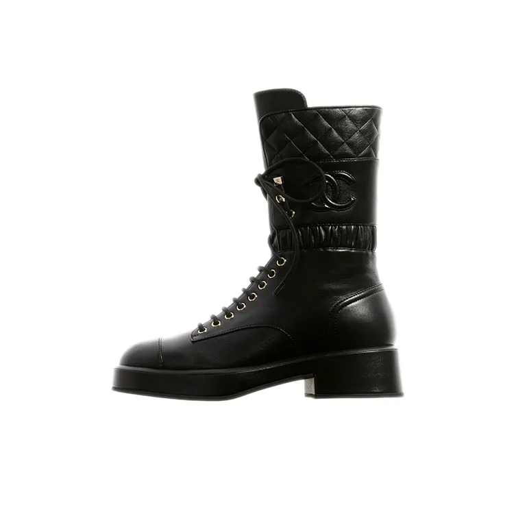 CHANEL Lace Ups Combat Boot Black Leather-0