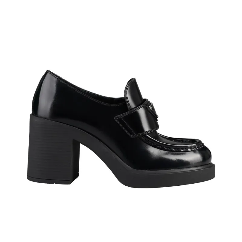PRADA Chocolate High Heeled 85mm Loafers Black Brushed Leather Women's-1
