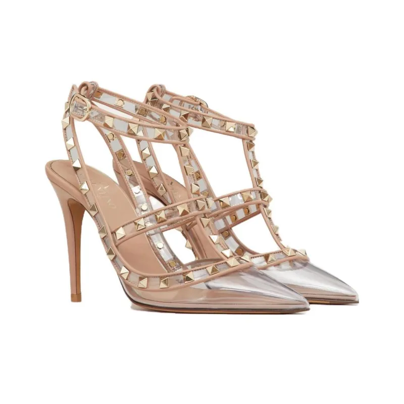 Valentino Rockstud Slim Heel High Heels 10cm Women's Transparent Pink-2