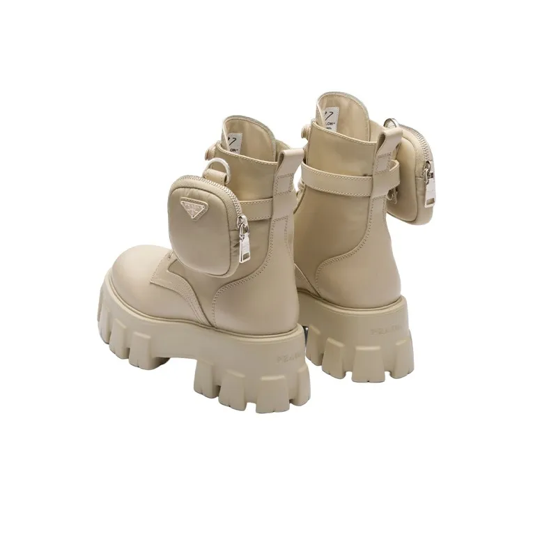 PRADA Monolith 55mm Pouch Ankle Boots Desert Beige Leather Women's-4