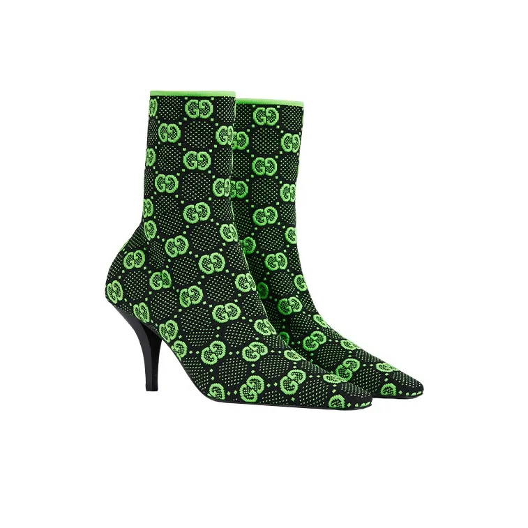 GUCCI Gg 75mm Knit Ankle Boots Black Fluorescent Yellow Fabric Women's-2