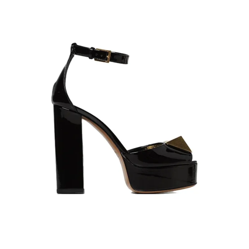 Valentino Rockstud Chunky Heel Stylish Sandal Women's Black-1