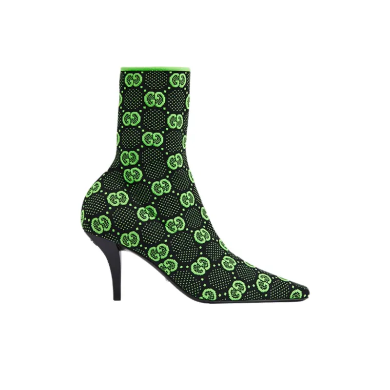 GUCCI Gg 75mm Knit Ankle Boots Black Fluorescent Yellow Fabric Women's-1