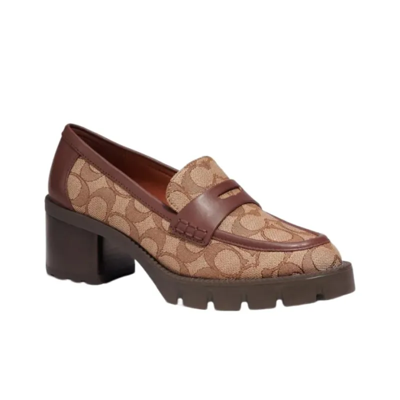 COACH Signature Chunky Heel High Heels 5cm Women's Khaki-2