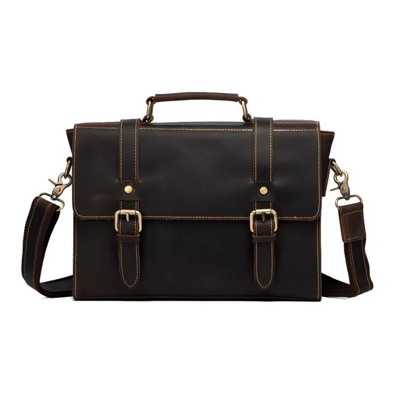 DOSRFINI Cow Leather Briefcase Crossbody One Shoulder Handbag Regular Men's Dark Coffee/Brown-1