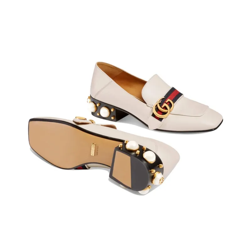 GUCCI Women's Leather Mid Heel Loafer 'White Blue Red' Women's-5
