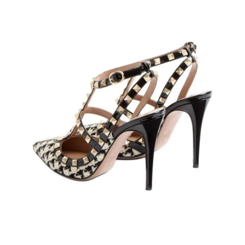 Valentino ROCKSTUD Slim Heel High Heels 10cm Women's Black White-4