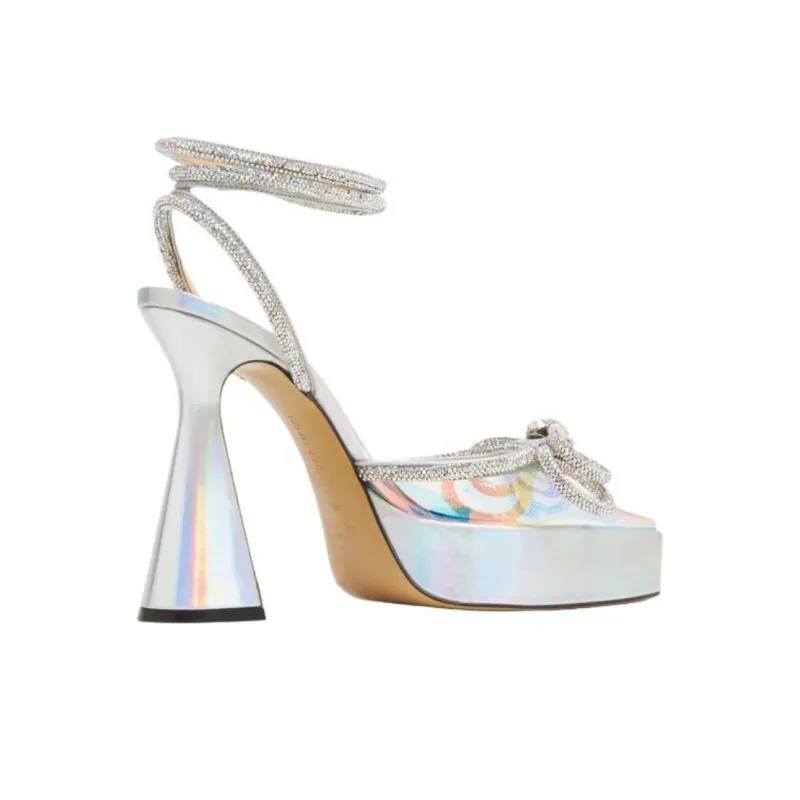 MACH & MACH Double Bow Chunky Heel High Heels 14cm Women's Silver-3