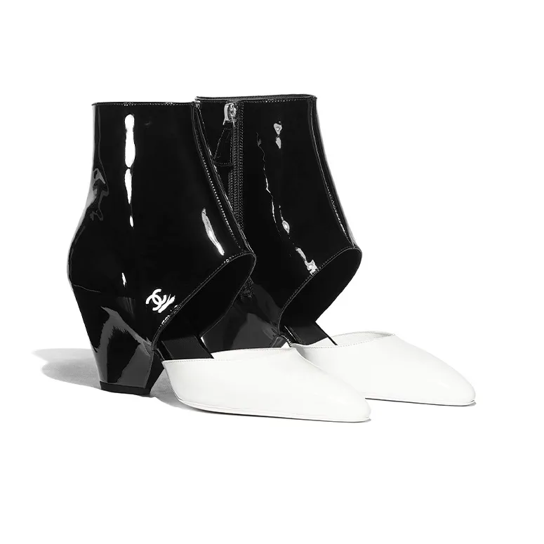 CHANEL Chunky Heel High Heels Women's Black White-2