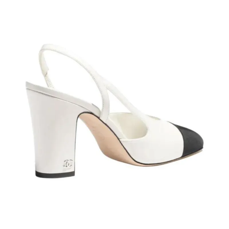 CHANEL Chunky Heel High Heels 9cm Women's White-4