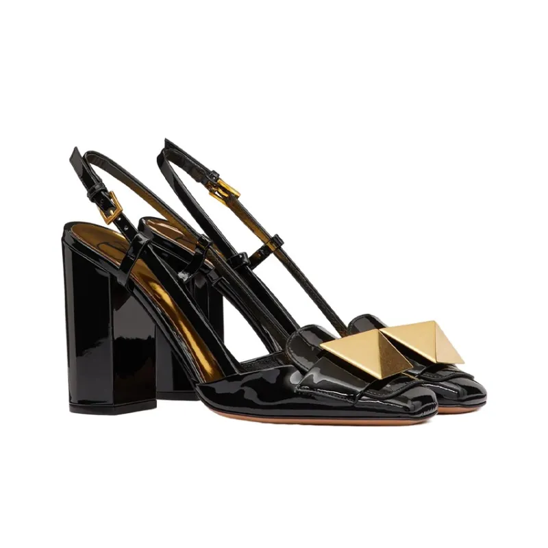 Valentino One Stud Chunky Heel High Heels 10cm Women's Black-1