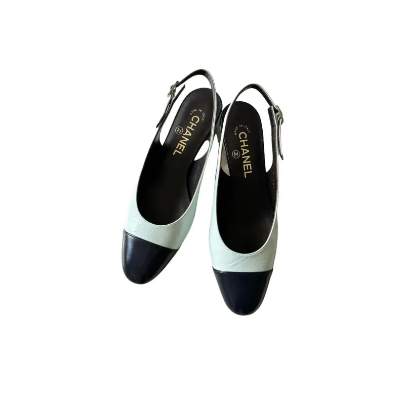 CHANEL Chunky Heel High Heels 3cm Women's Turquoise-4