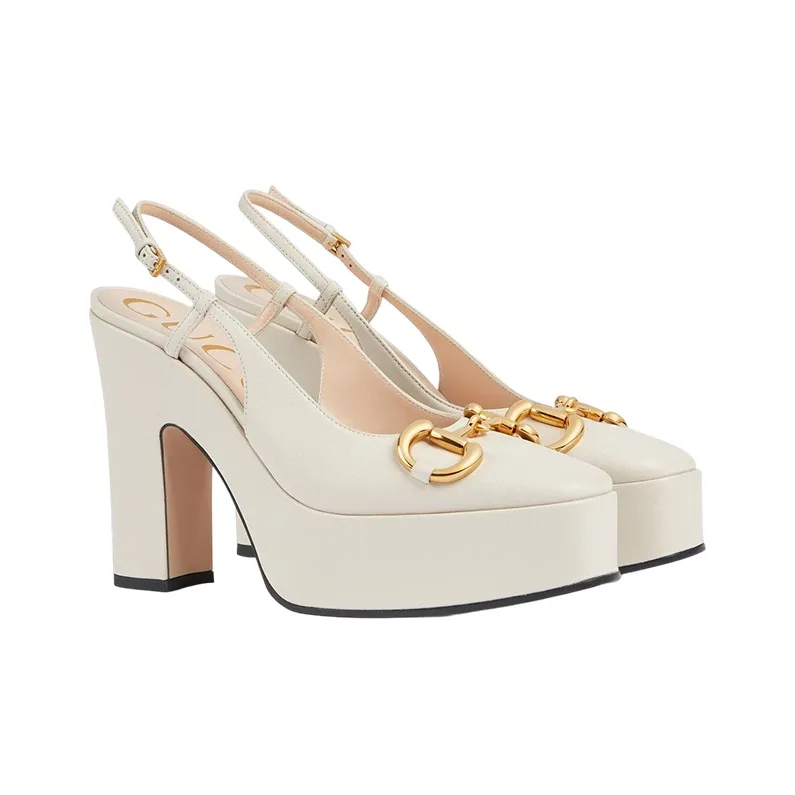 GUCCI Horsebit Chunky Heel High Heels Women's White-2