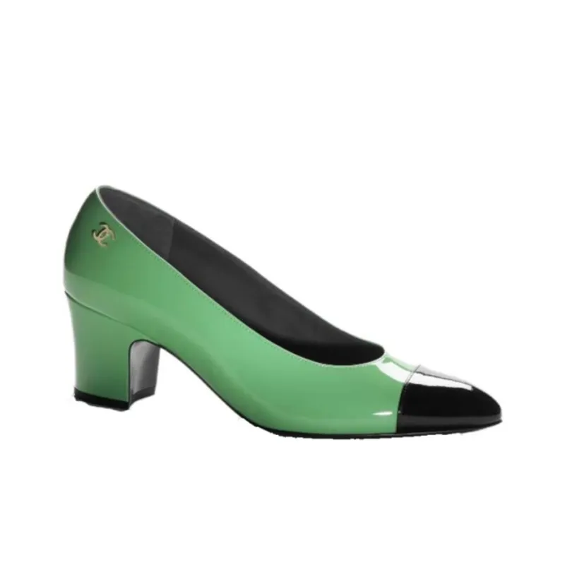 CHANEL Chunky Heel High Heels 6.5cm Women's Green-1