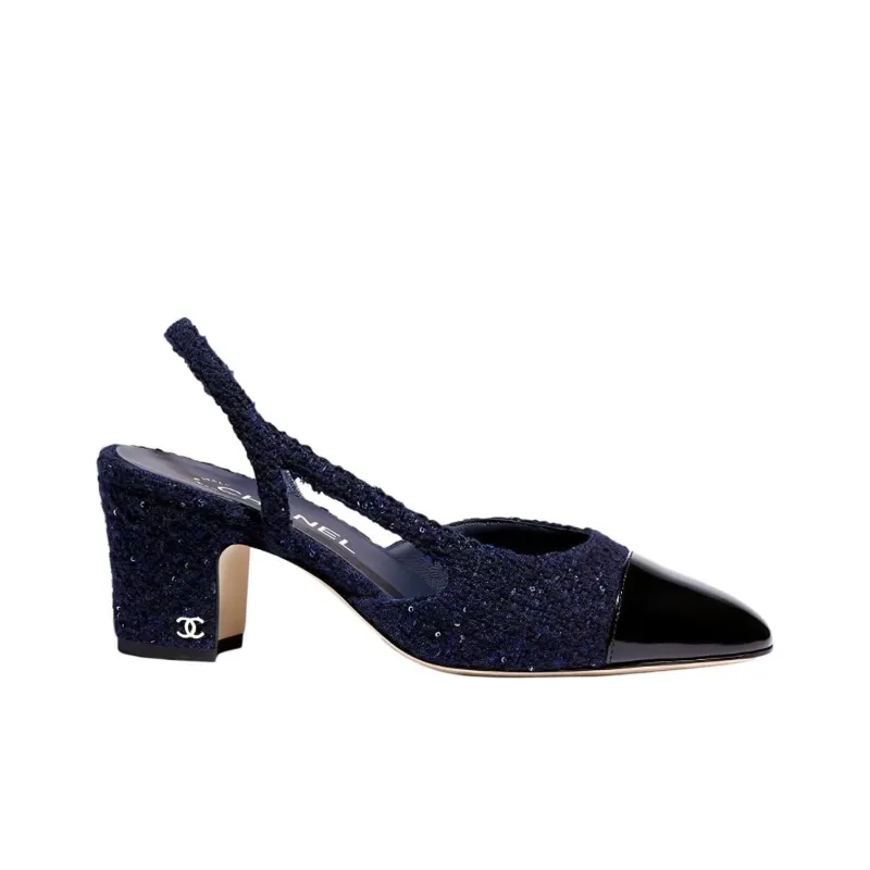 CHANEL Chunky Heel High Heels Women's Marine Blue-1